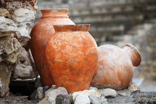 Ancient clay vases. Shallow depth of field. Selective focus.
