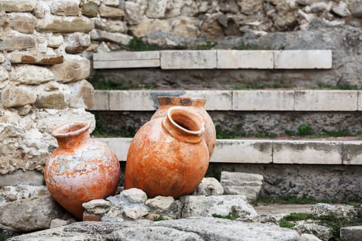 Antique ceramic pots. Selective focus.