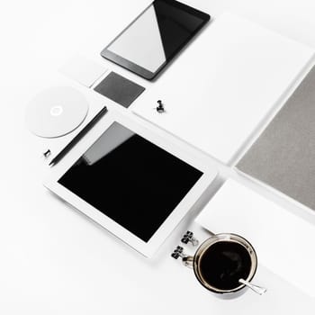 Blank paperwork template. ID template. Blank stationery set and corporate identity mock up. Responsive design mockup on paper background. Blank objects for placing your design.