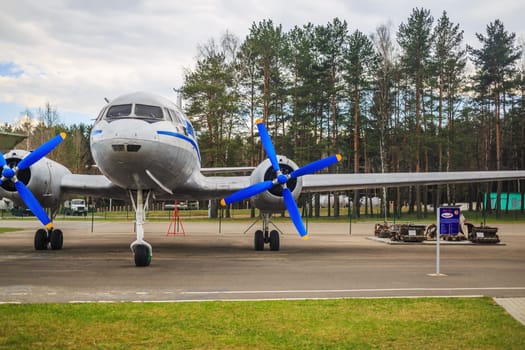 Minsk, Belarus - April 25, 2015: Old disused Soviet passenger aircraft IL-14. Large plane.