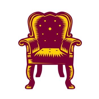 Illustration of a baroque grand arm chair set on isolated white background done in retro woodcut style.