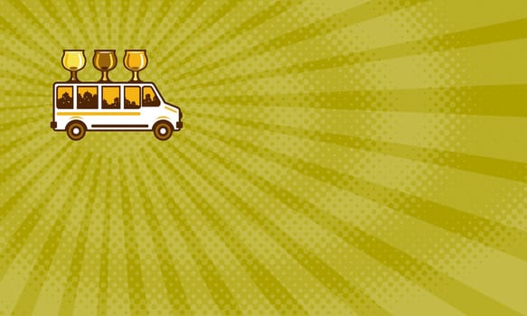 Business card showing Illustration of  beer flight glass each holding a different beer type on top of van viewed from the side set on isolated white background done in retro style. ....