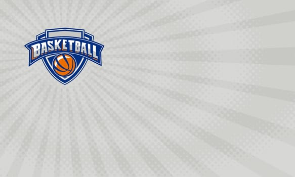 Business card showing Illustration of a basketball ball set inside shield with the word text BASKETBALL in a ribbon banner done in retro style. ....