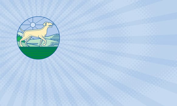Business card showing Mono line style illustration of an english pointer dog in a pointer stance with head up tail out and one foot slightly raised with grass, trees and mountain in the background viewed from the side set inside circle. ..
