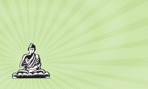 Business card showing Illustration of a Gautama Buddha, Siddhartha Gautama, Shakyamuni Buddha in lotus position viewed from front set on isolated white background done in retro woodcut style. ....