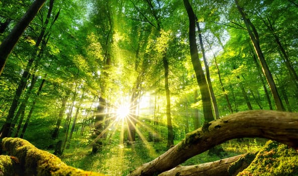 Tranquil scenery in a green forest,with the sun casting enchanting rays of light through the trees