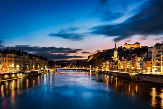 View of Saone river in Lyon city at evening, France