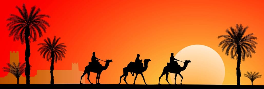 Caravan of camels in the desert. Riders on camels on the background of palm trees and sunset.