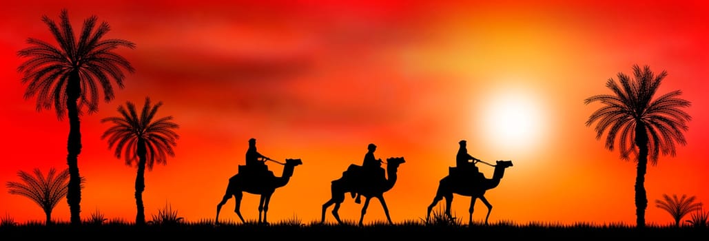 Riders on camels on the background of palm trees and sunset.