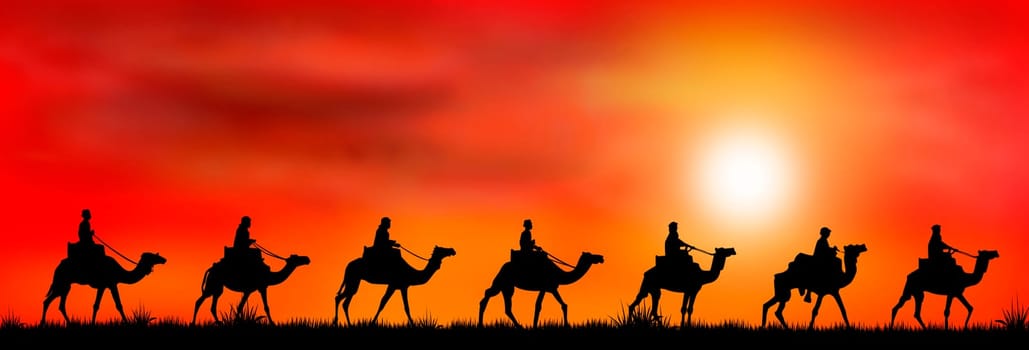 Silhouettes of riders on camels on the background of sunset.