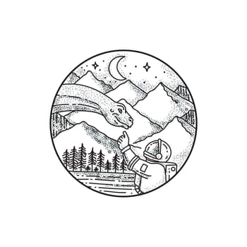 Tattoo style illustration of an astronaut pointing to a brontosaurus with mountain, moon and stars in the background set inside circle.