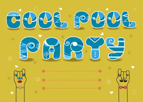 Cool Pool Party, Inscription by artistic font. Yellow letters with white decor. Yellow background with colorful stars and place for custom text. Cartoon hands looking at each other. Invitation card