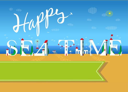 Happy sea time. Travel card. White buildings on the summer beach. banner for custom text. Plane in the sky.