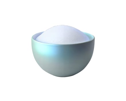 A modern 3D holographic icon of a bowl filled with sugar or flour, isolated on white background, showcasing smooth texture and soft glowing effects, symbolizing sweetness and culinary use.