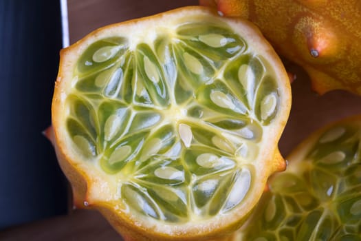 Half of a kiwano fruit close up and from high angle