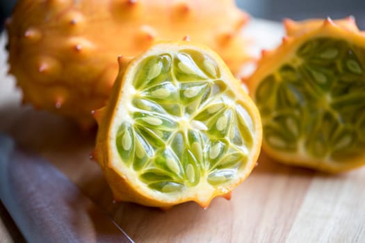 Whole and cut kiwano fruit on cutting board.