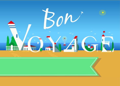 Bon voyage. Travel card. White buildings on the summer beach. Green banner for custom text. Plane in the sky.