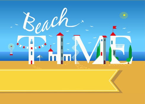 Beach time. Travel card. White buildings on the summer beach. Yellow banner for custom text. Plane in the sky.