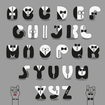Black and White Alphabet with ties. Tuxedo Style. Cartoon letters with suits elements. illustration