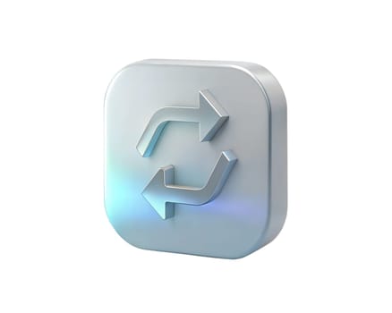 A futuristic holographic 3D icon featuring a refresh or repost symbol with arrows, isolated on white background, representing the concept of repetition, update, or refresh in digital media.