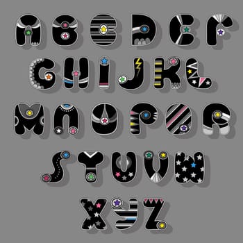 Colorful Alphabet. Superhero style. Cartoon letters with gray decor elements and colorful stars. illustration