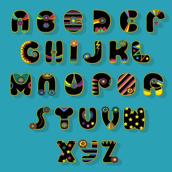 Black Alphabet. Superhero style. Cartoon letters with bright colorful decor elements. illustration