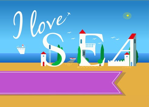 I love sea. Travel card. White buildings on the summer beach. Pink banner for custom text. Plane in the sky.