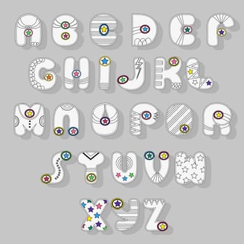White Alphabet. Superhero style. Cartoon letters with black decor elements and colorful stars. illustration