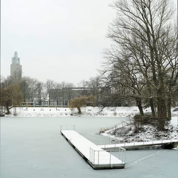 Lake in the city park of Magdeburg in winter