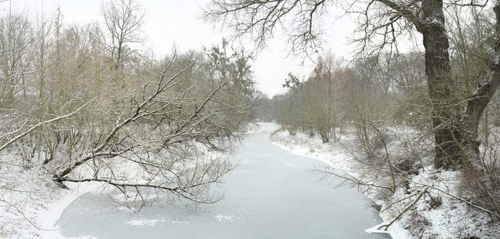 Winter landscape in the city park of Magdeburg