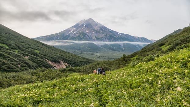 Mountains and volcanoes. Beautiful landscape of Kamchatka Peninsula: summer panoramic view of Mountain Range Vachkazhets, mountain lake and clouds in blue sky on sunny day. Eurasia, Russian Far East, Kamchatka Region.