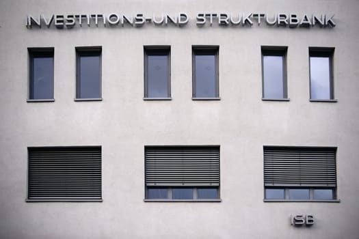Mainz,Germany - February 23,2017: The façade and window façade of the modern office building of the Investment and Structural Bank with logo on February 23,2017 in Mainz.