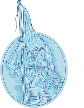Drawing sketch style illustration of Joan of Arc, the Maid of Orleans, a heroine of France for her role during the Lancastrian phase of the Hundred Years' War holding flag looking to the side viewed from front set inside oval shape.