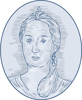 Drawing sketch style illustration of an 18th century Russian empress bust viewed from front set inside oval shape.