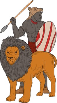 Drawing sketch style illustration of an african warrior holding spear and shield looking to the side hunting with lion facing front set on isolated white background.