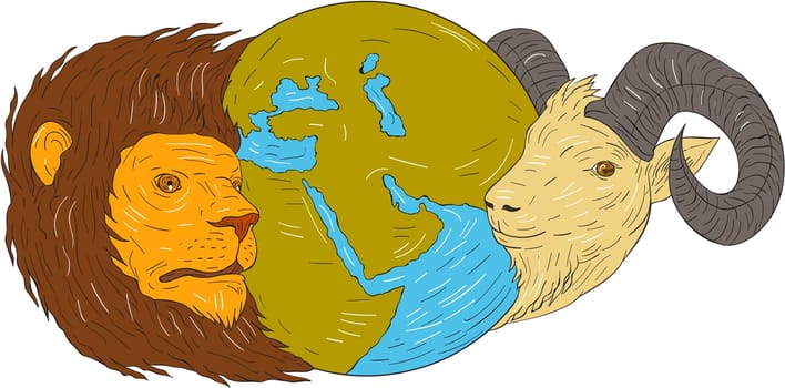 Drawing sketch style illustration of a map globe showing europe, middle east and africa  in between the heads of a lion and goat set on isolated white background.