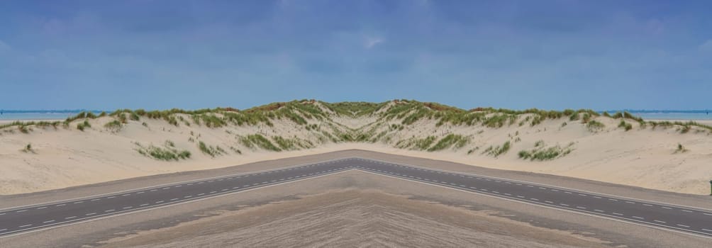 Panorama of a sunny natural landscape with large sand duene in the Netherlands.