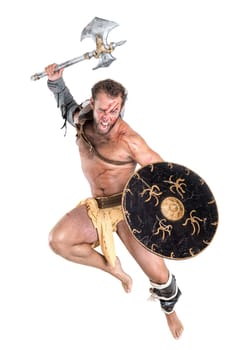 Ancient warrior or Gladiator jumping isolated in a white background