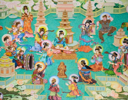 Traditional Chinese mural on temple wall in Thailand