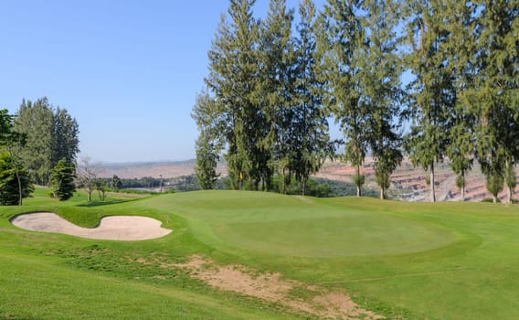 Beautiful landscape of a golf court with pine trees in Thailand