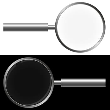 silver magnifying glass on black and white background
