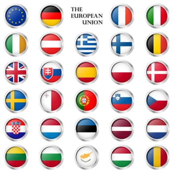 collection of round buttons with different EU country flags and silver frame