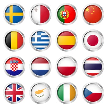 collection of round buttons with different country flags and silver frame