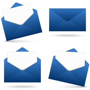 collection of blue envelopes opened with empty white paper and shadow