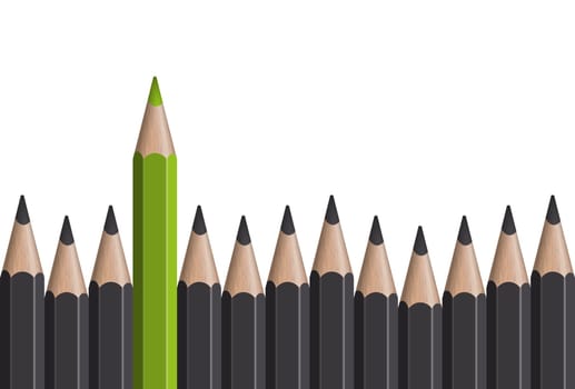 row of gray pencils with one colored green symbolizing the special one
