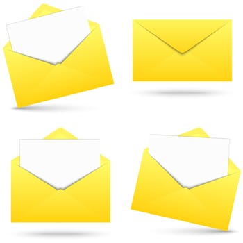 collection of yellow envelopes opened with empty white paper and shadow