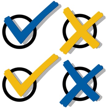 collection of blue and yellow check marks and crosses to symbolize success