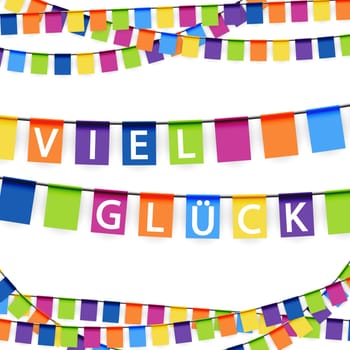 colored garlands background with white text good luck (in english)