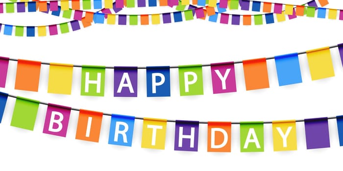 colored garlands background with white text Happy Birthday