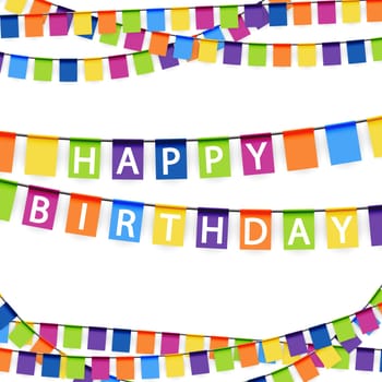 colored garlands background with white text Happy Birthday